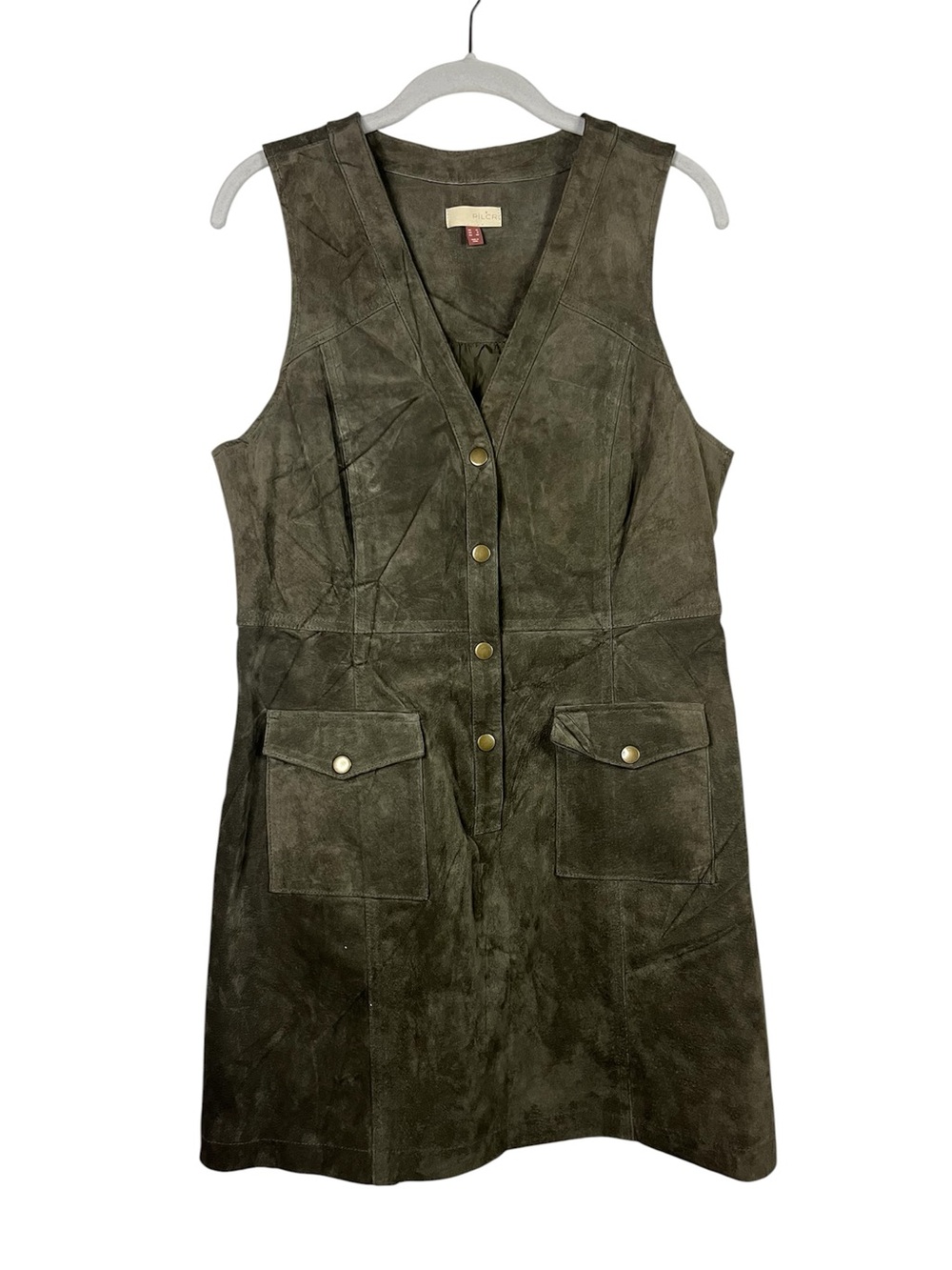 Pilcro Anthropologie Olive Green 100% Suede Leather Sleeveless Mini Dress Size 8 - Picture 4 of 13